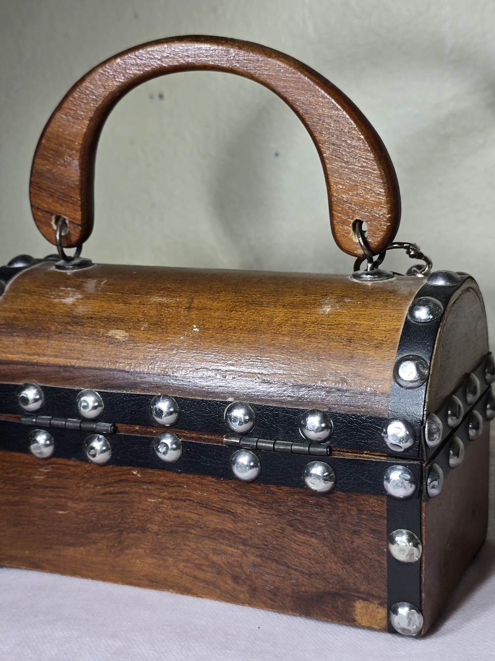 Encore Vintage Wooden Box Handbag Brown Wood Black Leather Metal Studded 1960s - Picture 10 of 16
